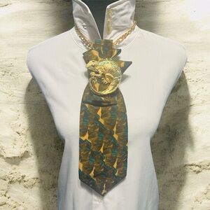 J. Garcia Gold, Green, and Teal Necktie with Gold Lizard Brooch